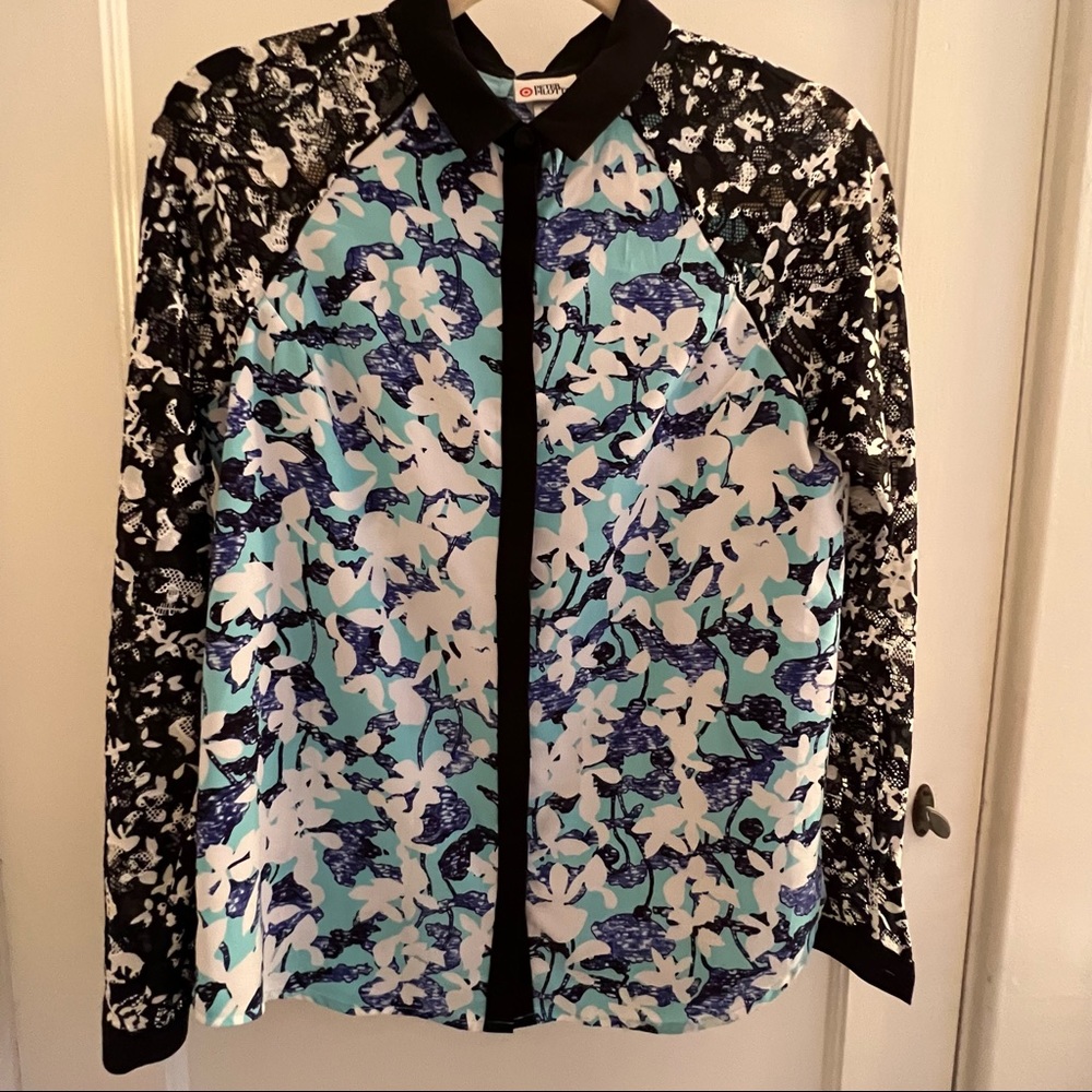 Peter Pilotto for Target blue black button down collared blouse lace sle…